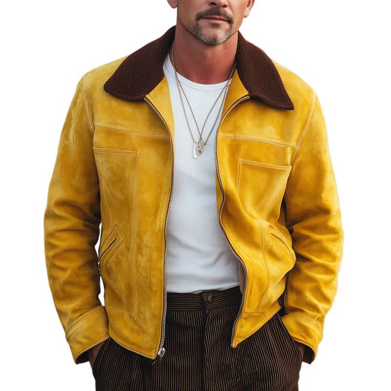 Men's Vintage Suede And Polar Fleece Collar Zip-Up Jacket MTA1262H8U sold by Manly