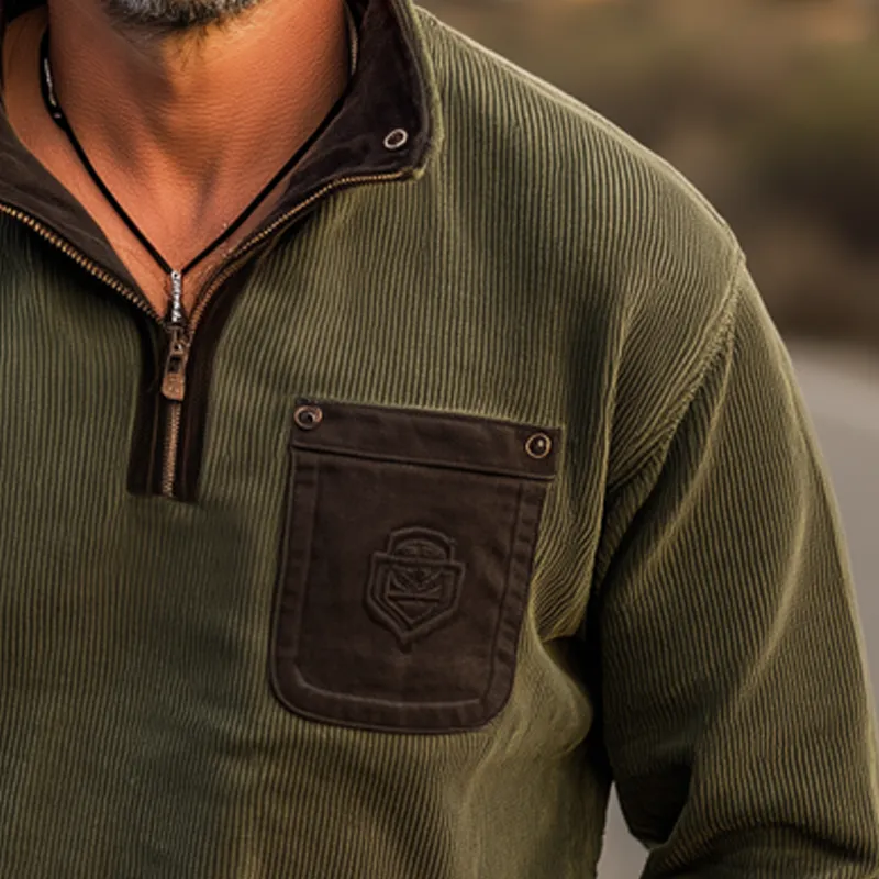 Men's Retro Stand Collar Corduroy Colorblock Embroidered Sweatshirt MTA1372H1U sold by Manly product image thumbnail 4