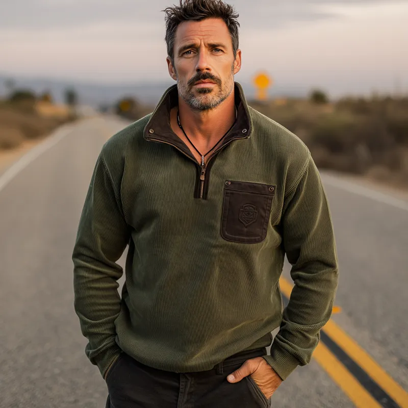 Men's Retro Stand Collar Corduroy Colorblock Embroidered Sweatshirt MTA1372H1U sold by Manly product image thumbnail 2