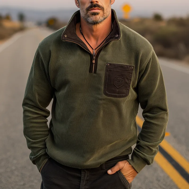 Men's Retro Stand Collar Corduroy Colorblock Embroidered Sweatshirt MTA1372H1U sold by Manly product image thumbnail 3