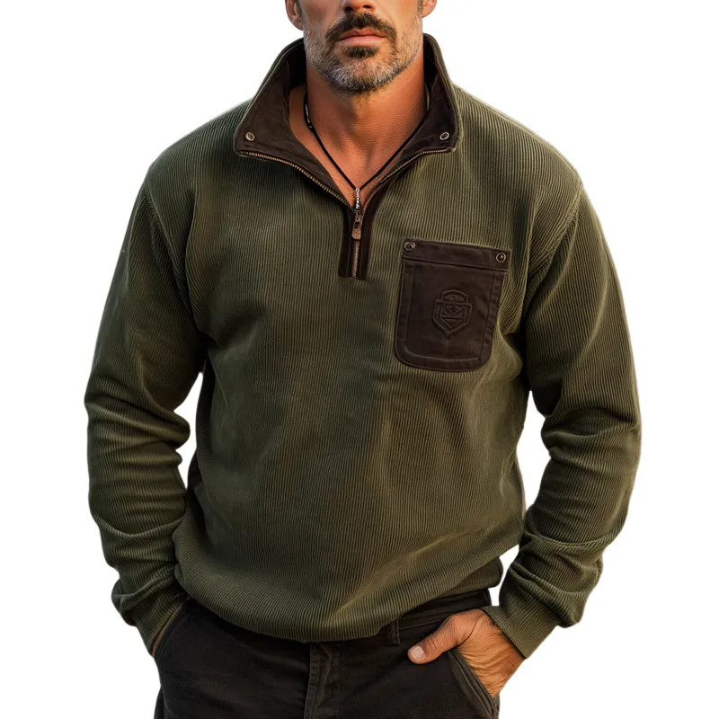 Men's Retro Stand Collar Corduroy Colorblock Embroidered Sweatshirt MTA1372H1U sold by Manly