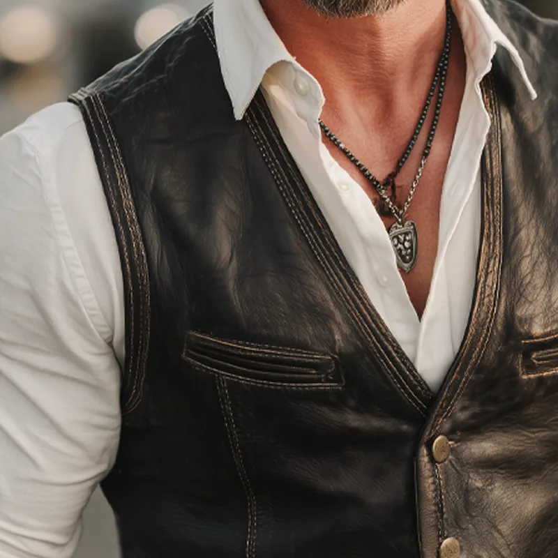 Men's Vintage V-Neck Single-Breasted PU Leather Vest MTA1341H3U sold by Manly product image thumbnail 3