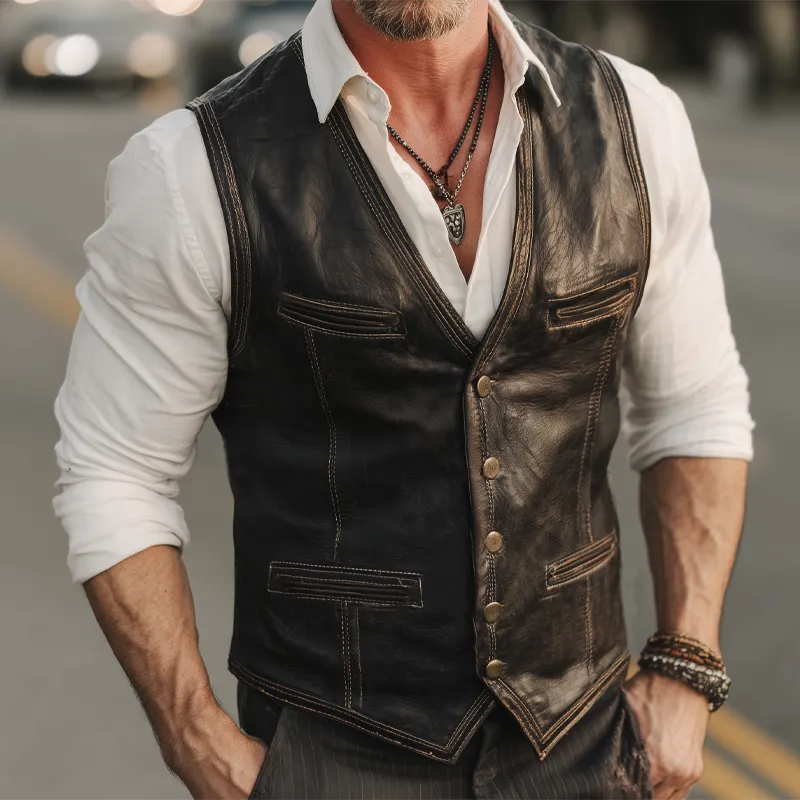 Men's Vintage V-Neck Single-Breasted PU Leather Vest MTA1341H3U sold by Manly product image thumbnail 2