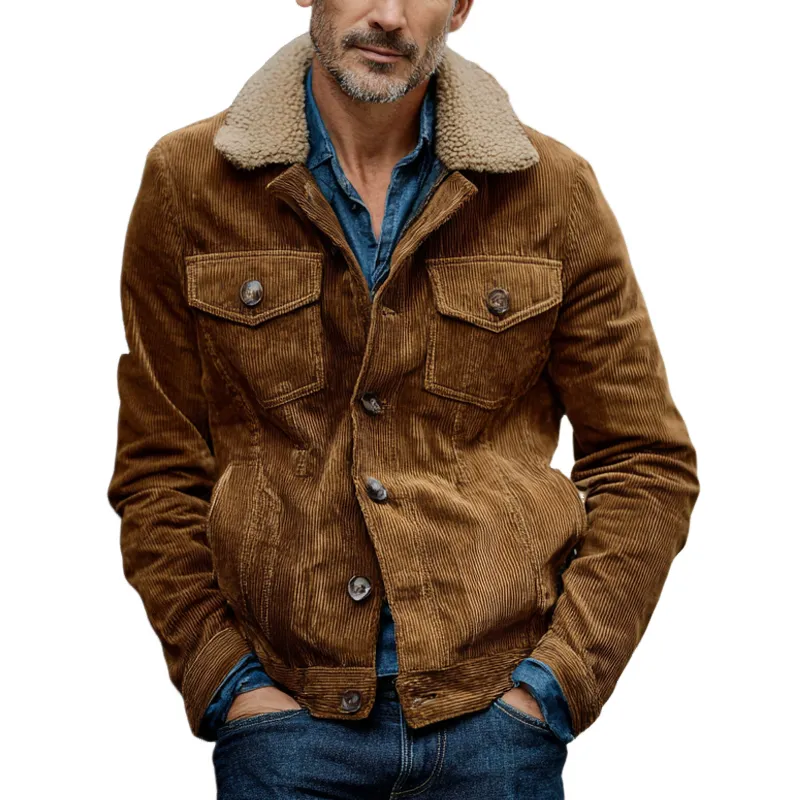Men's Vintage Corduroy Splicing Polar Fleece Lapel Multi-Pocket Jacket MTA1347H3X sold by Manly