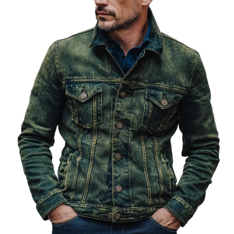 Men's Vintage Distressed Denim Lapel Slim Fit Jacket MTA1369H3X sold by Manly