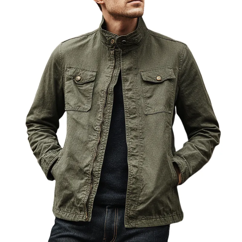 Men's Vintage Washed Stand Collar Zipper Denim Jacket MTA0854H8X sold by Manly