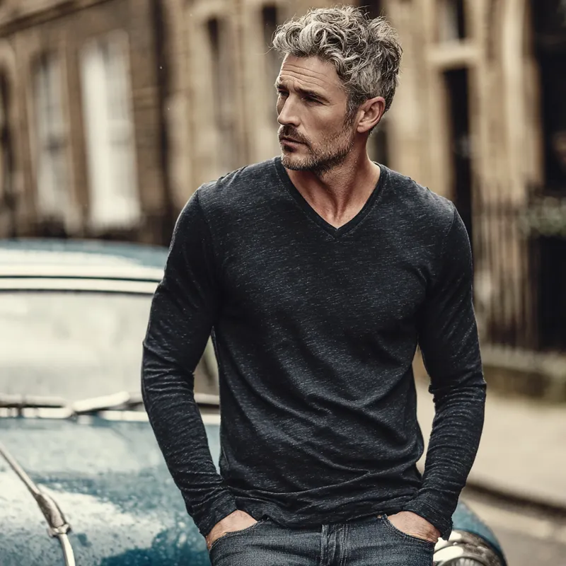 Men's Cotton Blend V-neck Long-sleeved T-shirt MTA1384H1X sold by Manly product image thumbnail 2