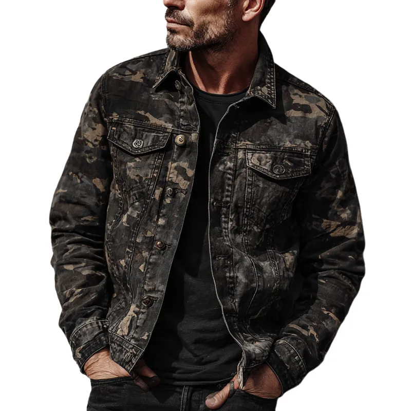 Men's Vintage Camouflage Print Lapel Multi-Pocket Jacket MTA1301H4X sold by Manly