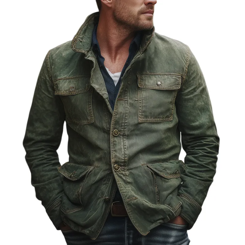 Men's Vintage Multi-Pocket Single-Breasted Lapel Denim Jacket MTA1396H7X sold by Manly