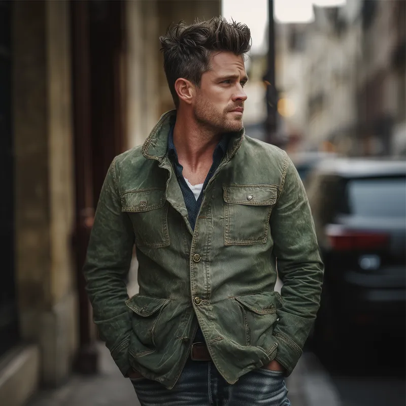 Men's Vintage Multi-Pocket Single-Breasted Lapel Denim Jacket MTA1396H7X sold by Manly product image thumbnail 4