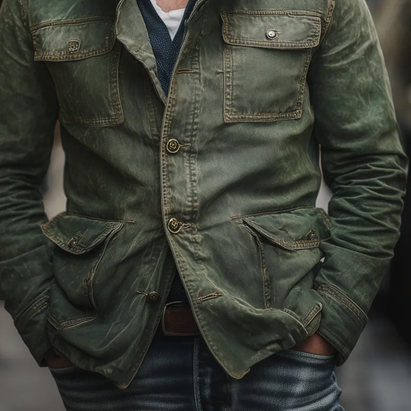 Men's Vintage Multi-Pocket Single-Breasted Lapel Denim Jacket MTA1396H7X sold by Manly product image thumbnail 3