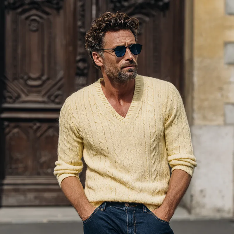 Men's Solid Color Knitted Cable Knit V-neck Pullover Sweater MTA1362H2X sold by Manly product image thumbnail 4