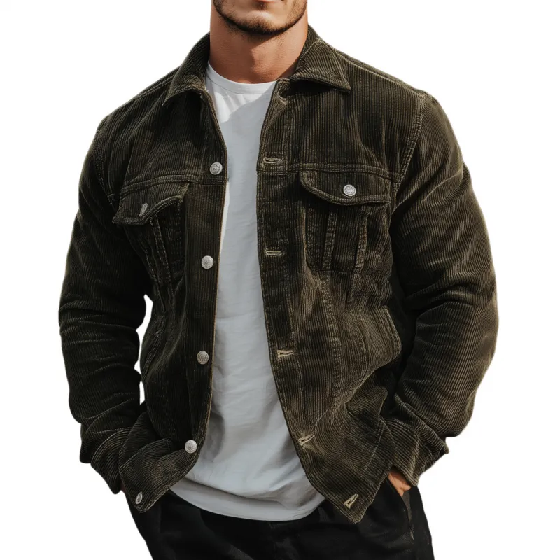 Men's Casual Outdoor Solid Color Corduroy Lapel Single-Breasted Loose Cargo Jacket MTA1241H3M sold by Manly