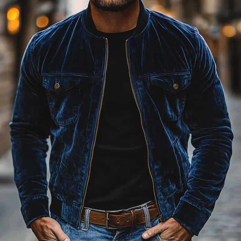 Men's Vintage Solid Color Velvet Stand Collar Zipper Placket Slim Fit Short Jacket MTA1295H3M sold by Manly product image thumbnail 3