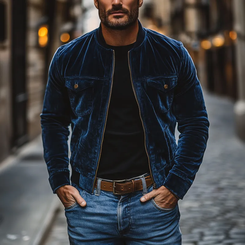 Men's Vintage Solid Color Velvet Stand Collar Zipper Placket Slim Fit Short Jacket MTA1295H3M sold by Manly product image thumbnail 2