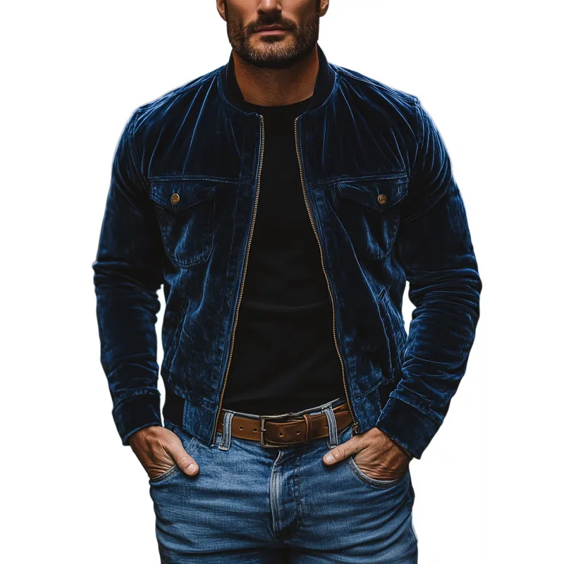 Men's Vintage Solid Color Velvet Stand Collar Zipper Placket Slim Fit Short Jacket MTA1295H3M sold by Manly