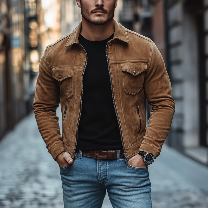 Men's Vintage Solid Color Faux Suede Lapel Zipper Placket Slim Fit Cropped Motorcycle Jacket MTA1259H0M sold by Manly product image thumbnail 2