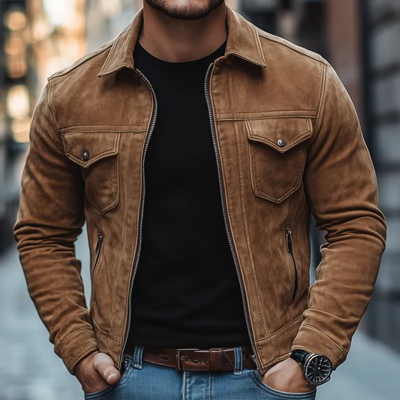 Men's Vintage Solid Color Faux Suede Lapel Zipper Placket Slim Fit Cropped Motorcycle Jacket MTA1259H0M sold by Manly product image thumbnail 3