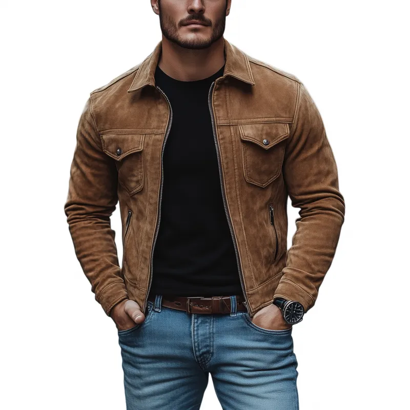 Men's Vintage Solid Color Faux Suede Lapel Zipper Placket Slim Fit Cropped Motorcycle Jacket MTA1259H0M sold by Manly