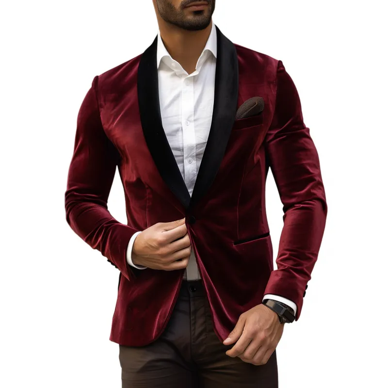 Men's Vintage Solid Color Velvet Colorblock Patchwork Shawl Collar Single-breasted Slim-fit Blazer MTA1284H5M sold by Manly