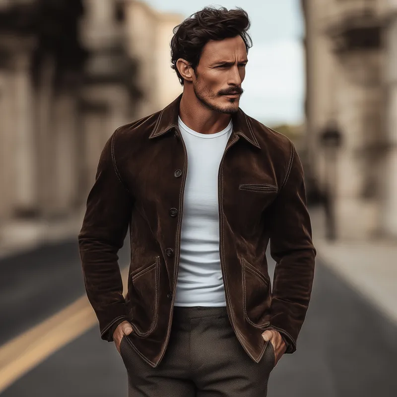 Men's Vintage Casual Solid Color Faux Suede Lapel Single Breasted Slim Fit Jacket MTA1203H8M sold by Manly product image thumbnail 3