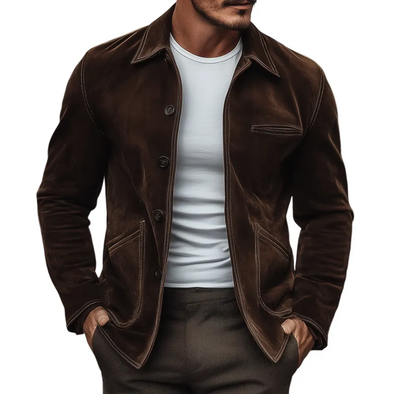 Men's Vintage Casual Solid Color Faux Suede Lapel Single Breasted Slim Fit Jacket MTA1203H8M sold by Manly