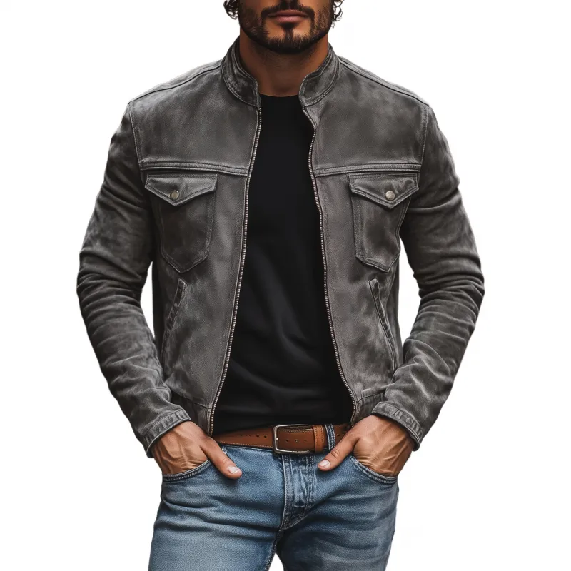 Men's Casual Outdoor Denim Washed Distressed Stand-up Collar Zipper Placket Slim Fit Short Jacket MTA1218H8M sold by Manly