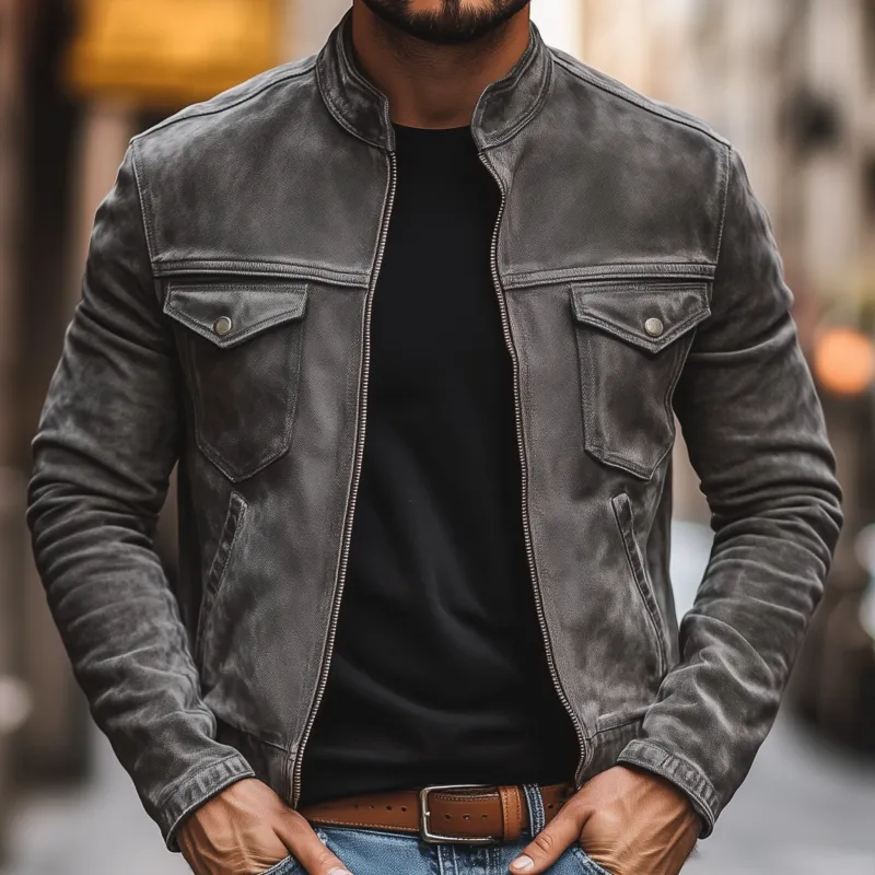 Men's Casual Outdoor Denim Washed Distressed Stand-up Collar Zipper Placket Slim Fit Short Jacket MTA1218H8M sold by Manly product image thumbnail 3