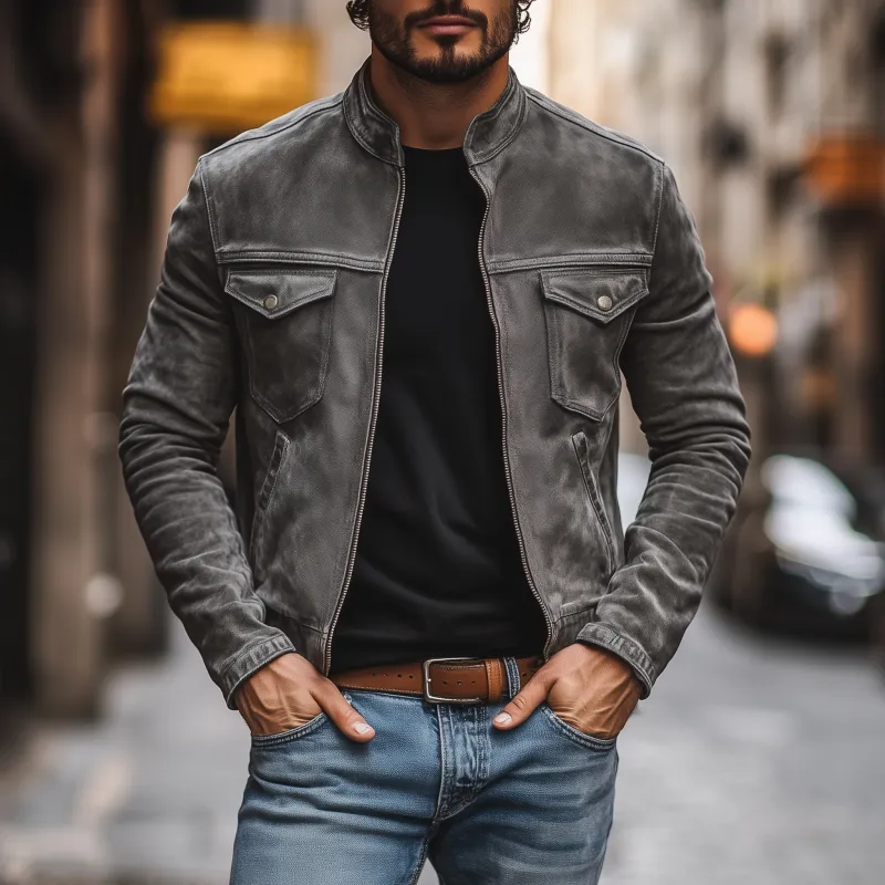 Men's Casual Outdoor Denim Washed Distressed Stand-up Collar Zipper Placket Slim Fit Short Jacket MTA1218H8M sold by Manly product image thumbnail 2