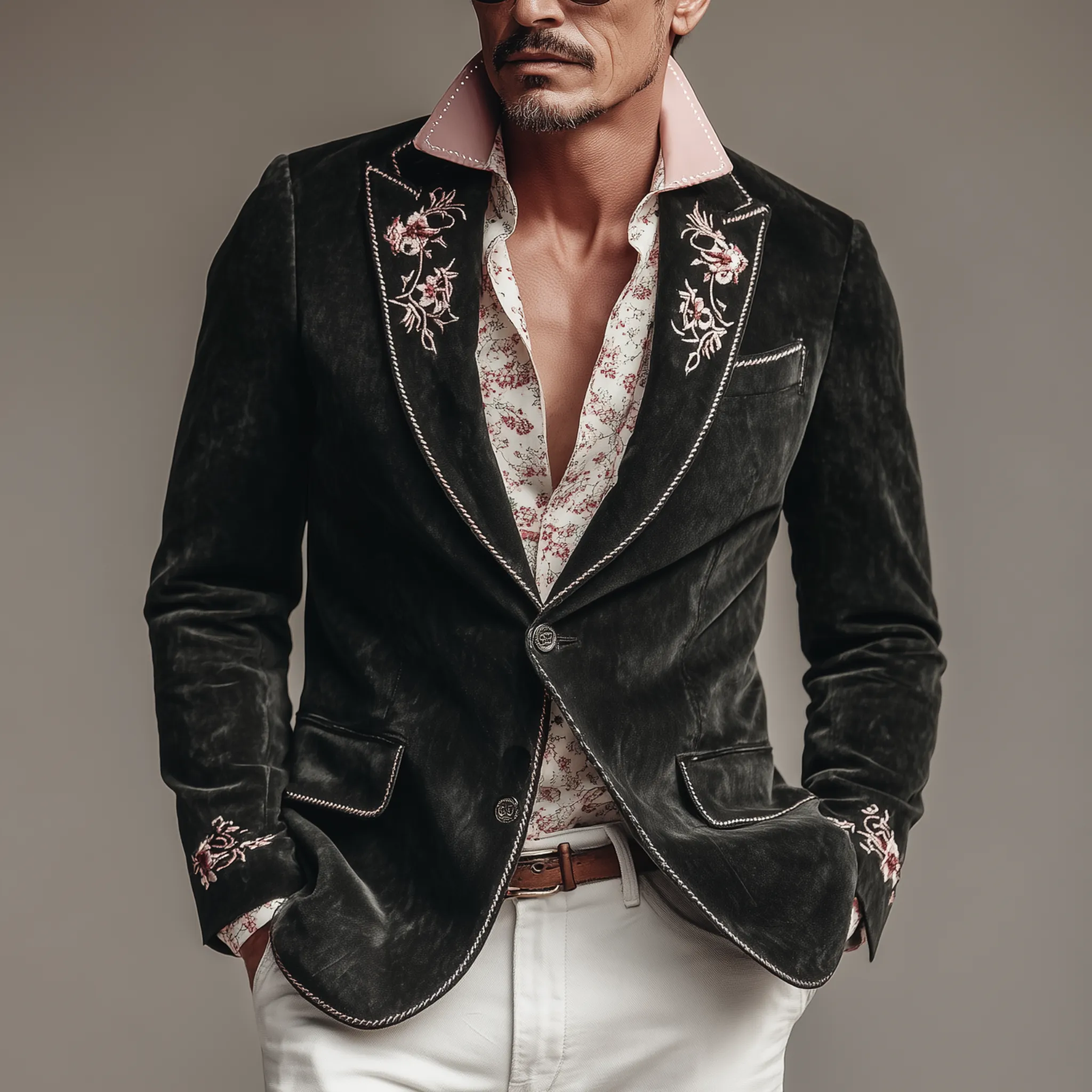 Men's Classic Vintage Suede Embroidered Single-breasted Sleeve Slim-fit Blazer MTA1267H0K sold by Manly product image thumbnail 2