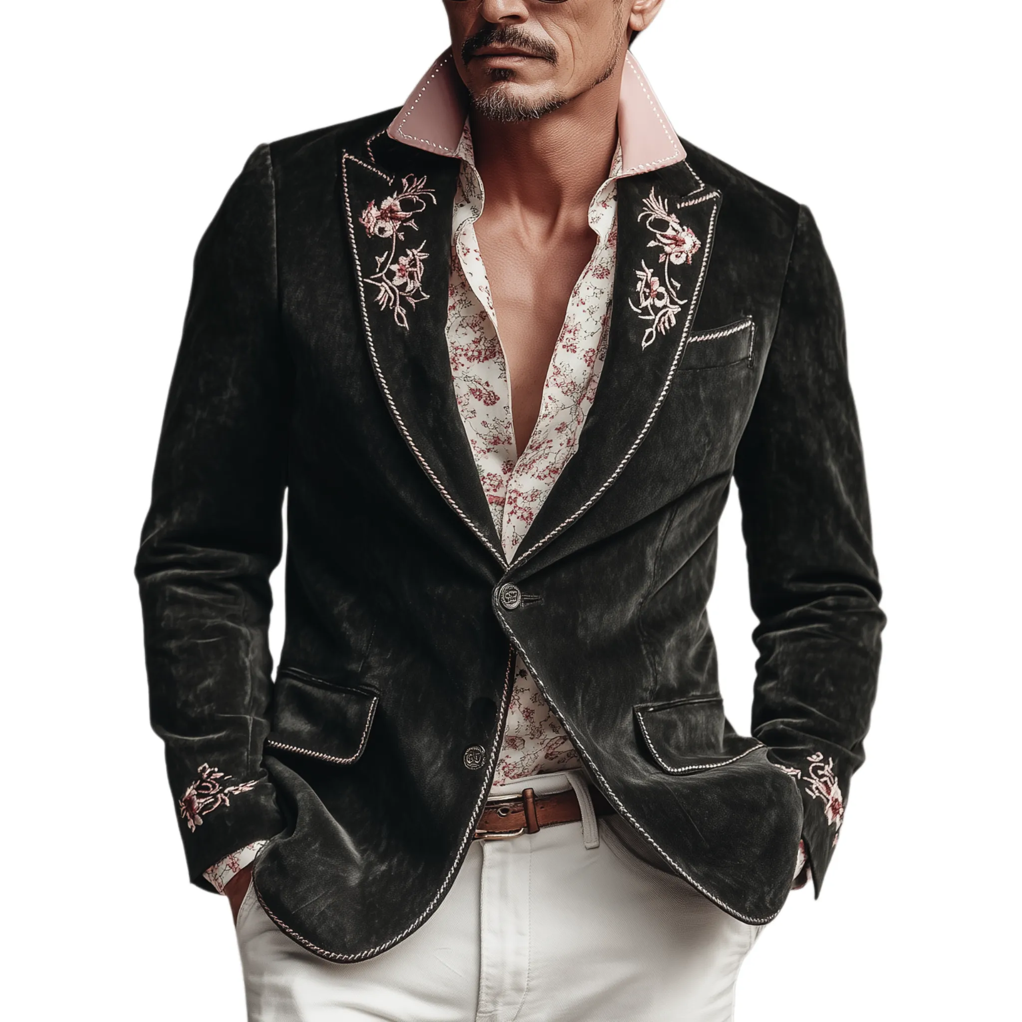 Men's Classic Vintage Suede Embroidered Single-breasted Sleeve Slim-fit Blazer MTA1267H0K sold by Manly