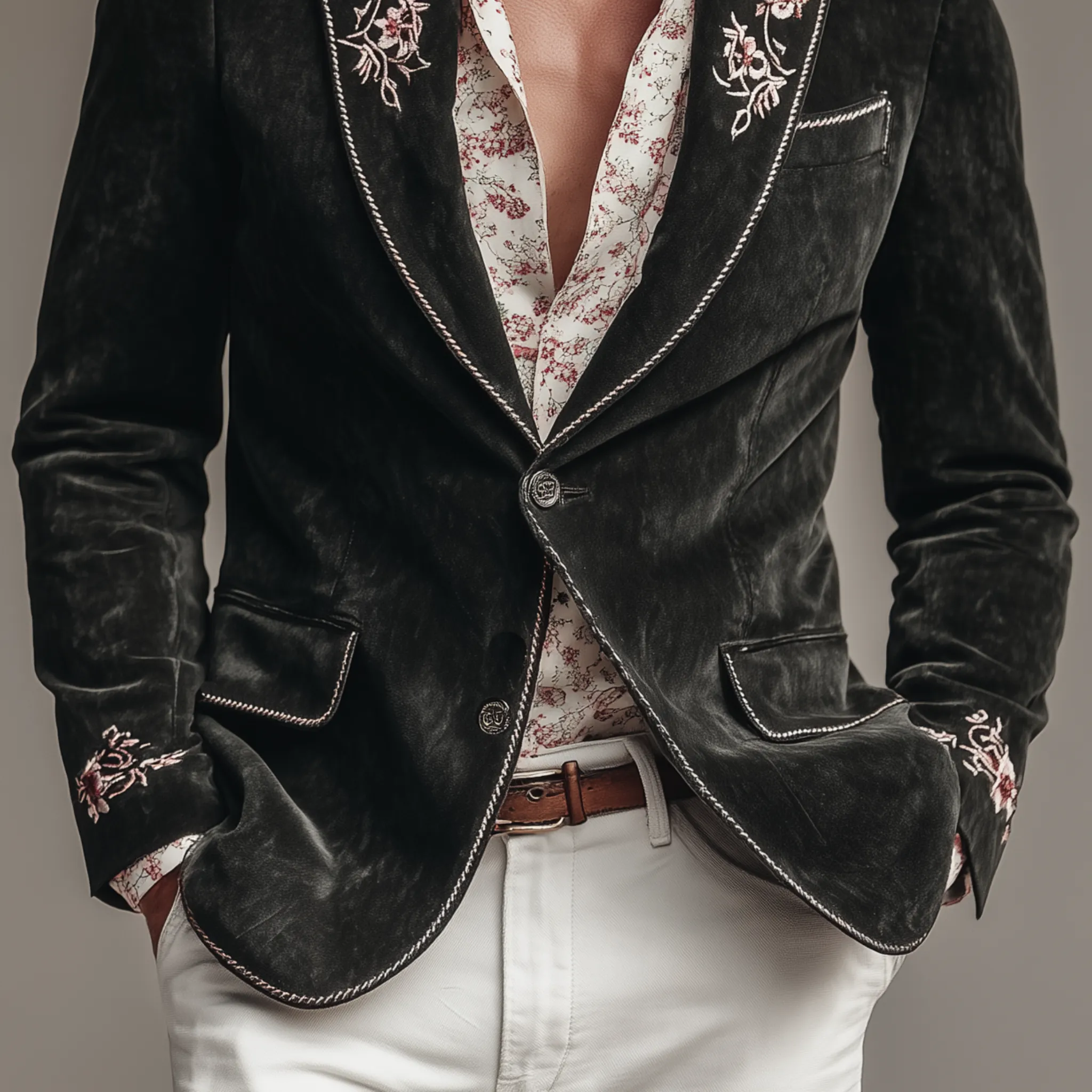 Men's Classic Vintage Suede Embroidered Single-breasted Sleeve Slim-fit Blazer MTA1267H0K sold by Manly product image thumbnail 5