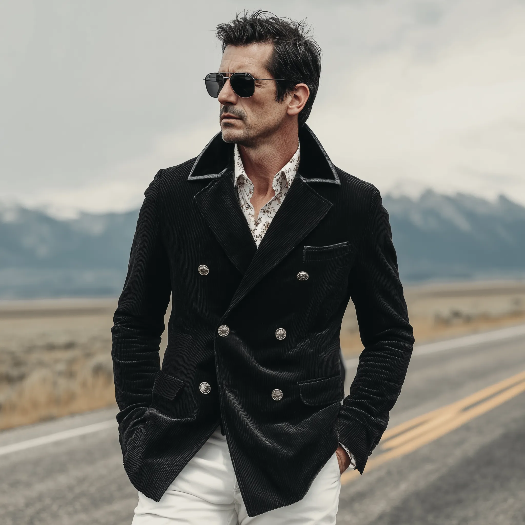 Men's Classic Retro Corduroy Double-breasted Collar Spliced PU Leather Slim-fit Blazer MTA1230H5K sold by Manly product image thumbnail 3