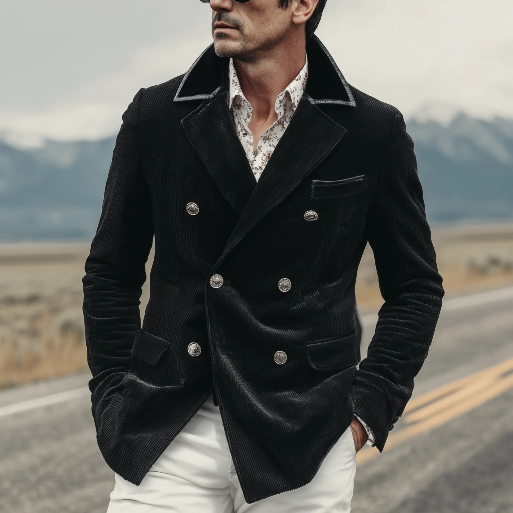 Men's Classic Retro Corduroy Double-breasted Collar Spliced PU Leather Slim-fit Blazer MTA1230H5K sold by Manly product image thumbnail 2