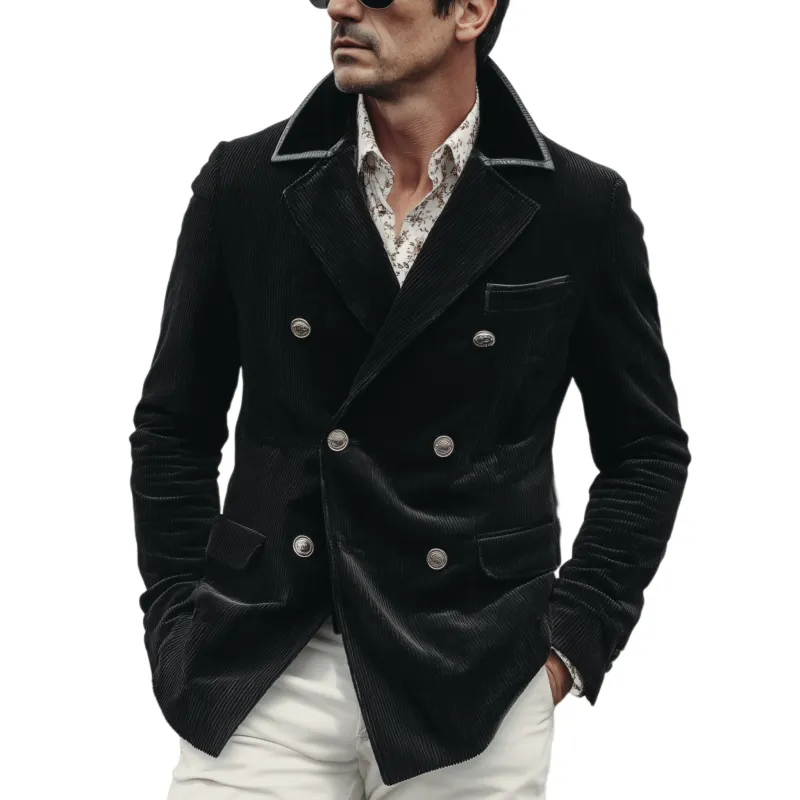 Men's Classic Retro Corduroy Double-breasted Collar Spliced PU Leather Slim-fit Blazer MTA1230H5K sold by Manly