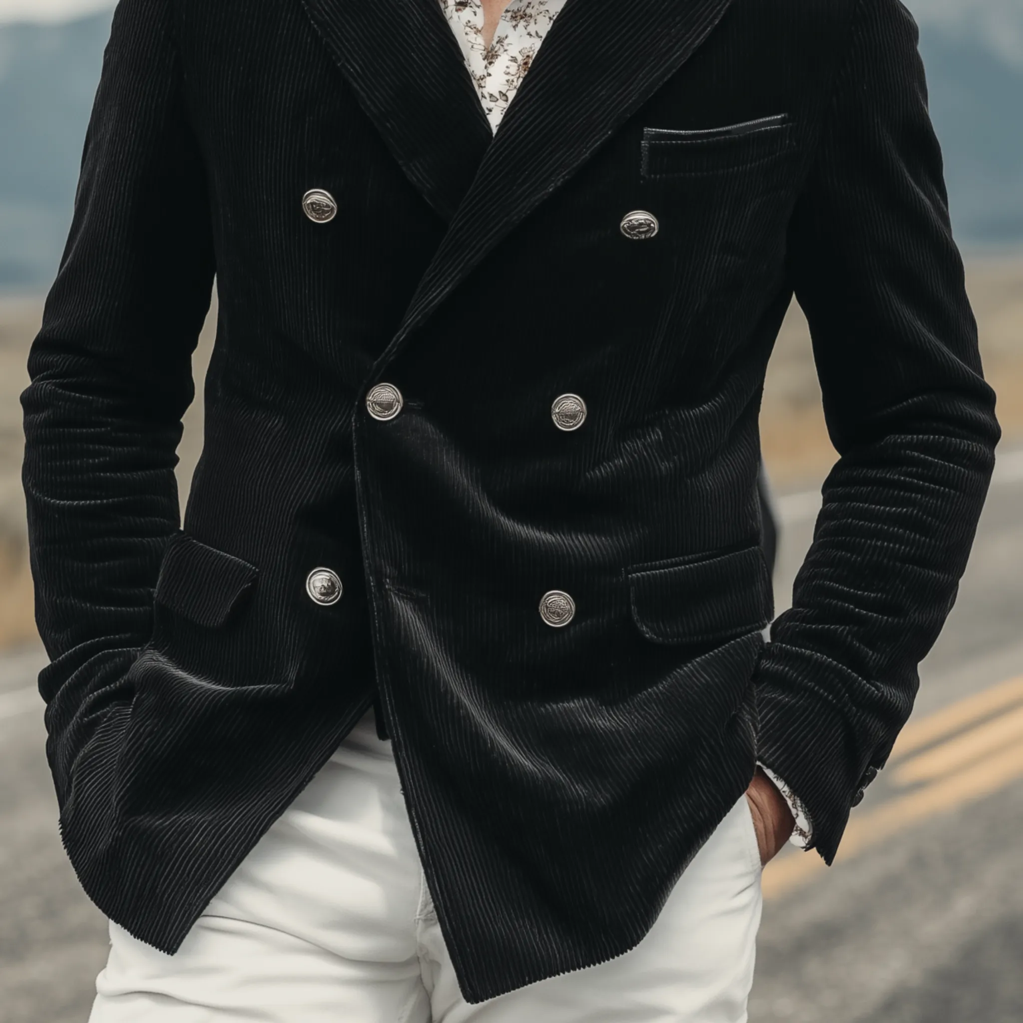 Men's Classic Retro Corduroy Double-breasted Collar Spliced PU Leather Slim-fit Blazer MTA1230H5K sold by Manly product image thumbnail 5