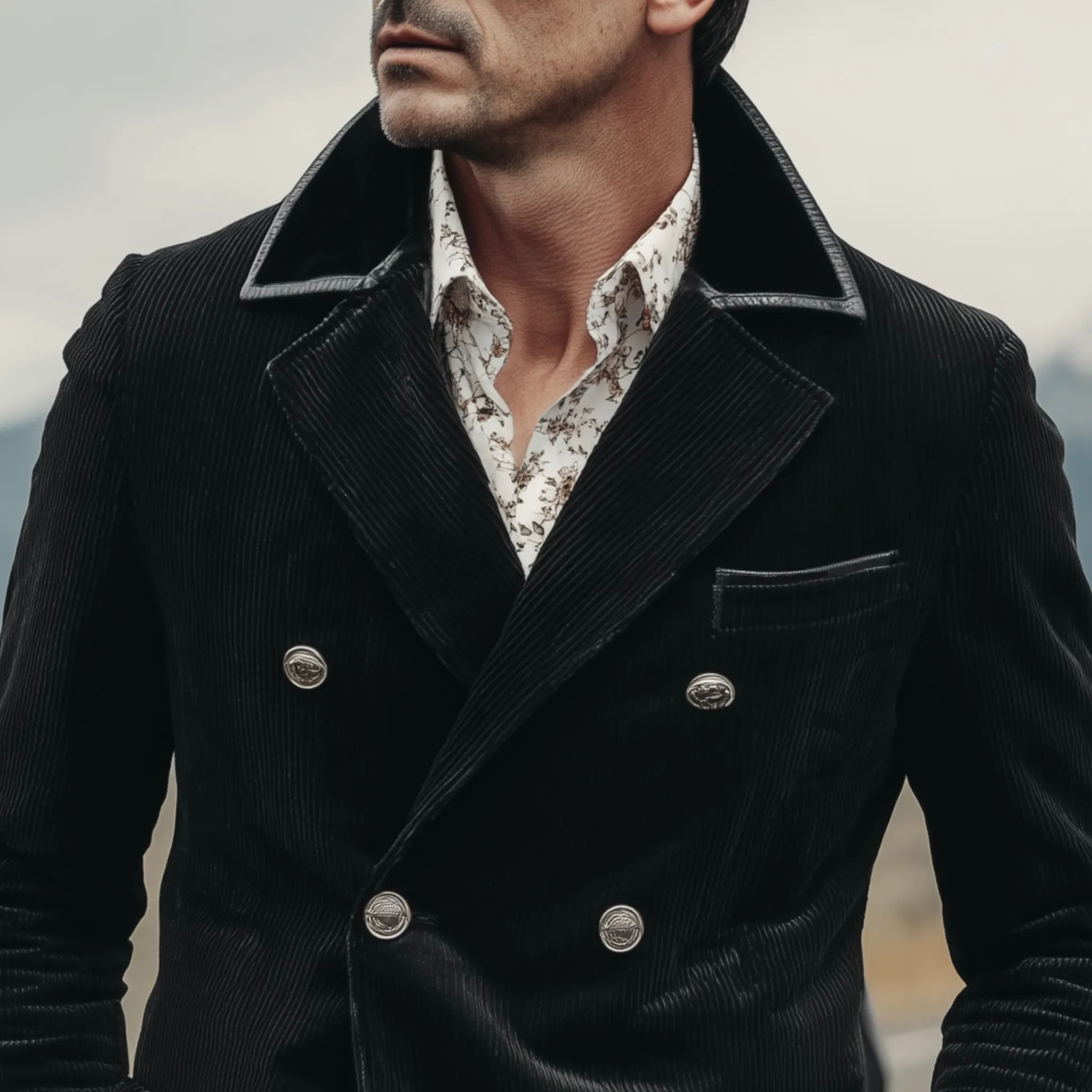 Men's Classic Retro Corduroy Double-breasted Collar Spliced PU Leather Slim-fit Blazer MTA1230H5K sold by Manly product image thumbnail 4