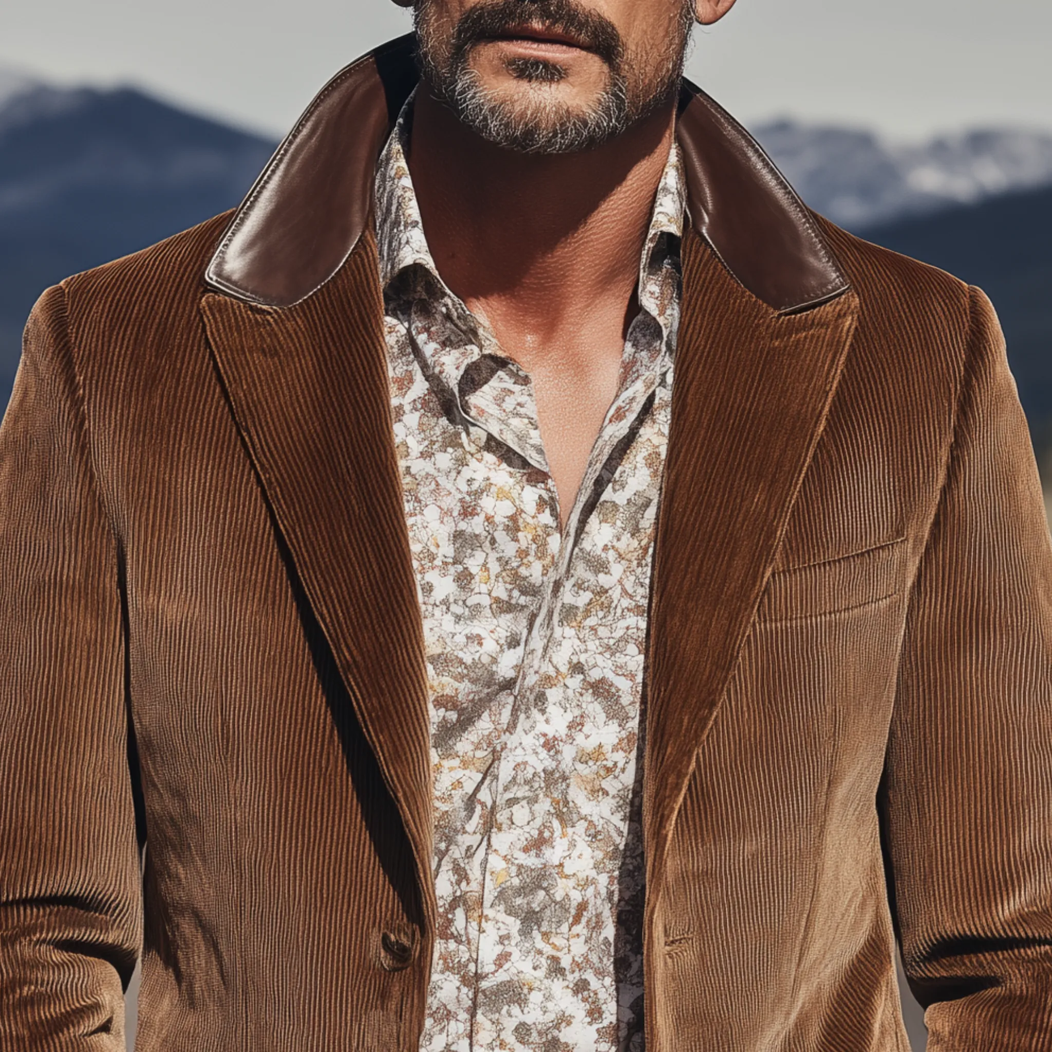 Men's Classic Retro Western Style Collar Stitching PU Leather Single-breasted Corduroy Blazer MTA1231H0K sold by Manly product image thumbnail 4