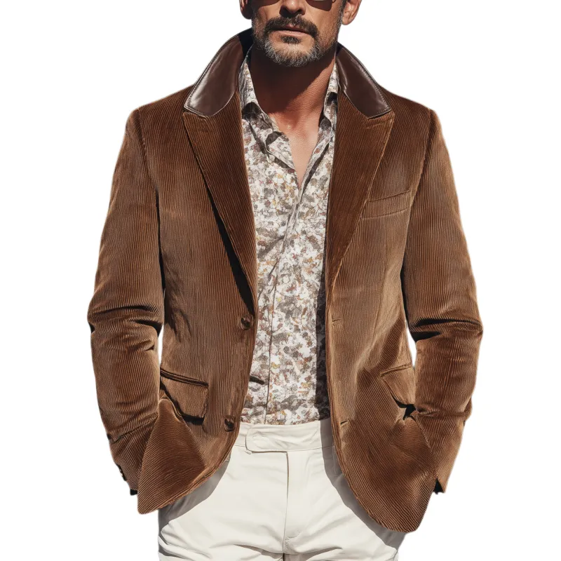 Men's Classic Retro Western Style Collar Stitching PU Leather Single-breasted Corduroy Blazer MTA1231H0K sold by Manly