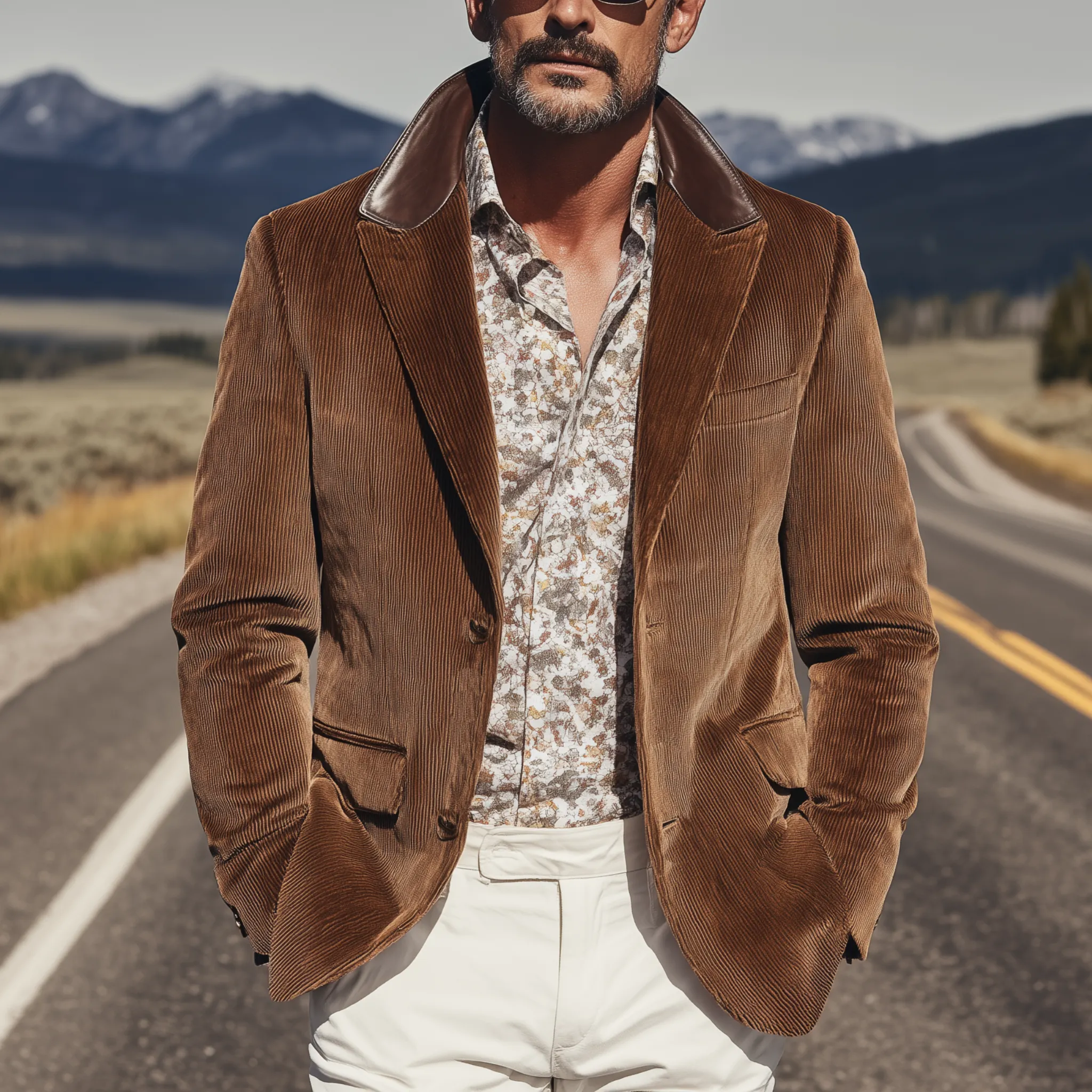 Men's Classic Retro Western Style Collar Stitching PU Leather Single-breasted Corduroy Blazer MTA1231H0K sold by Manly product image thumbnail 2