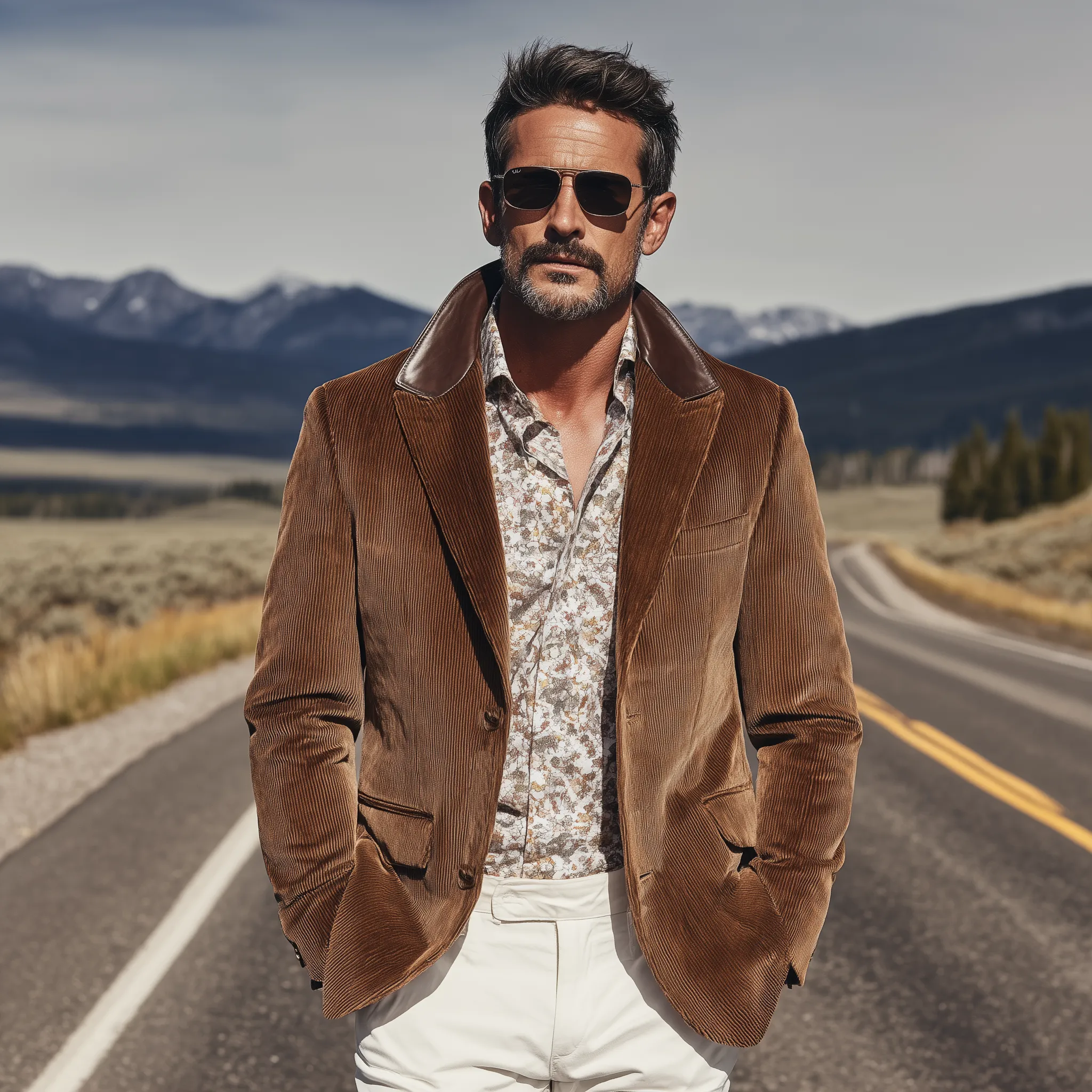 Men's Classic Retro Western Style Collar Stitching PU Leather Single-breasted Corduroy Blazer MTA1231H0K sold by Manly product image thumbnail 3