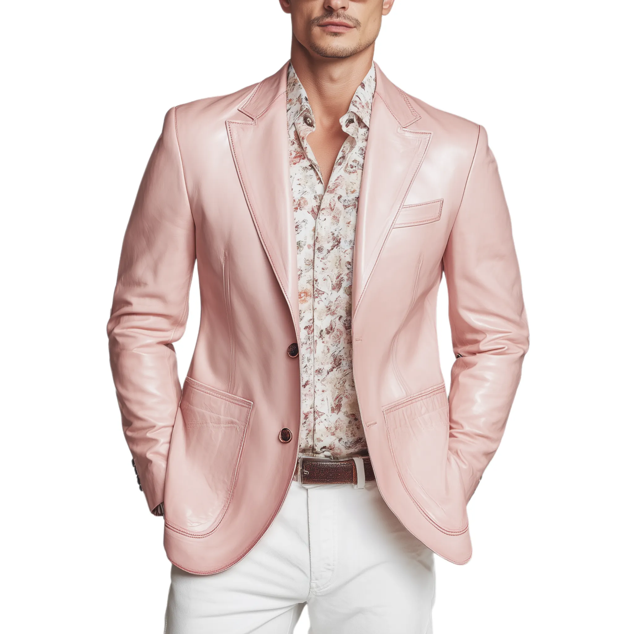 Men's Classic Casual Pink Pu Leather Single-breasted Slim-fit Blazer MTA1240H7K sold by Manly