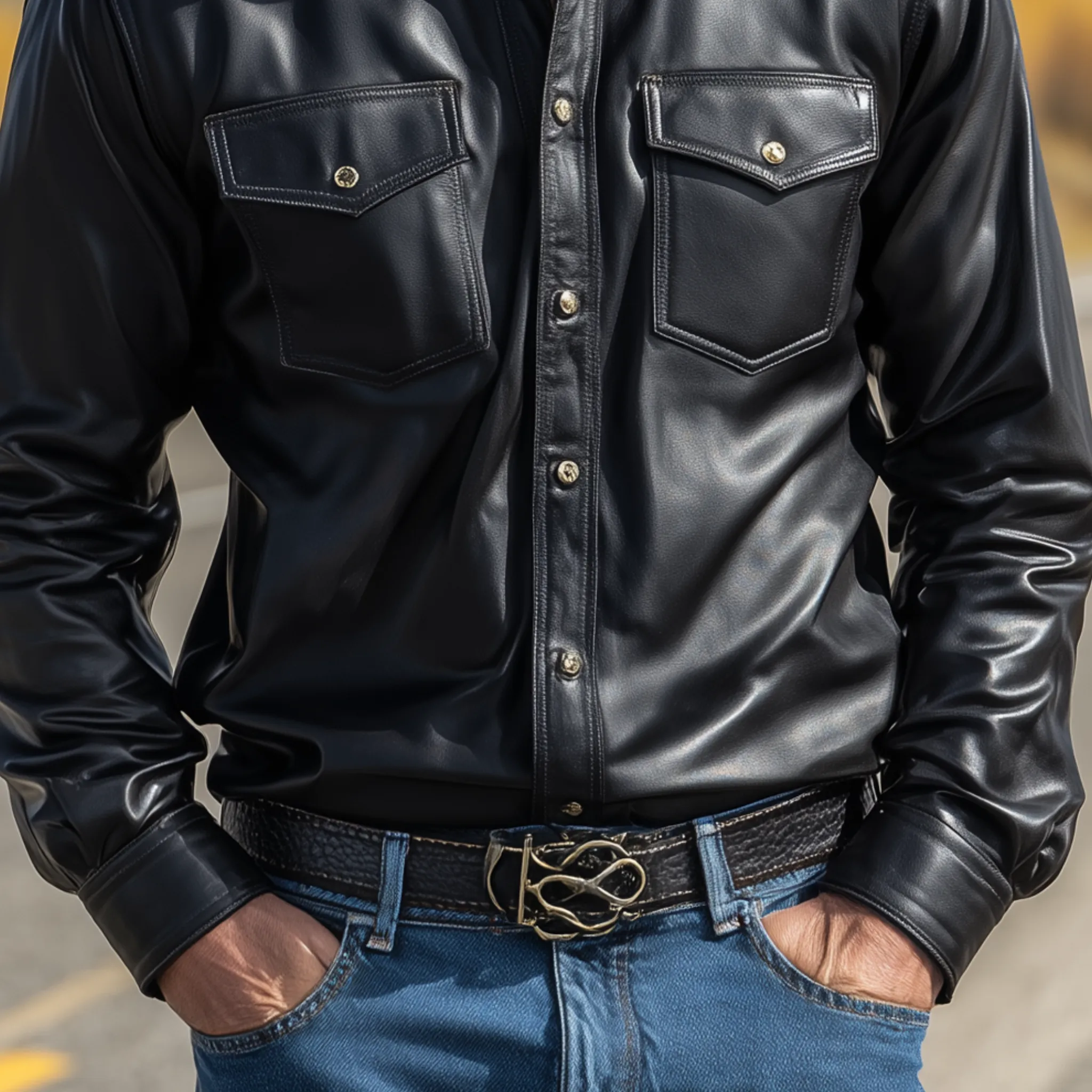 Men's Classic Fashion Casual Pu Leather Lapel Long Sleeve Shirt MTA0252H3K sold by Manly product image thumbnail 5