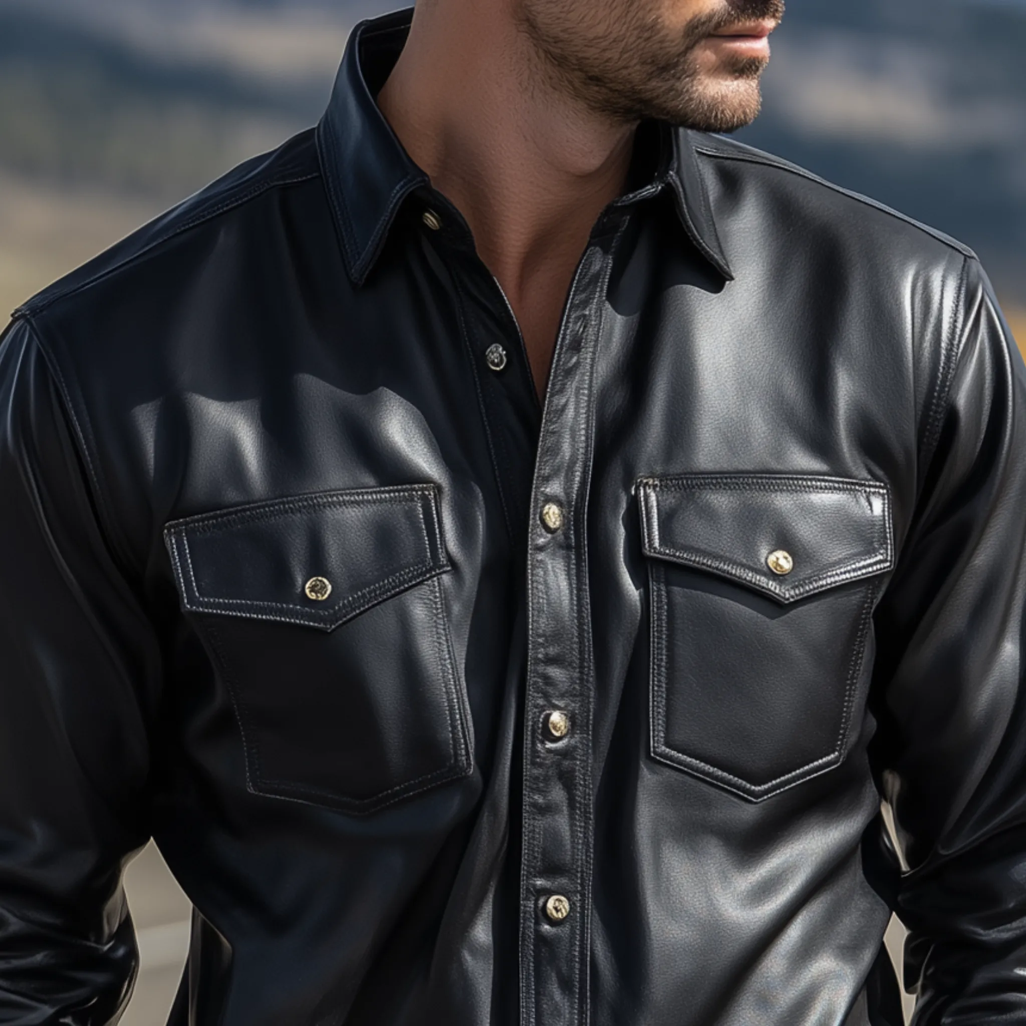 Men's Classic Fashion Casual Pu Leather Lapel Long Sleeve Shirt MTA0252H3K sold by Manly product image thumbnail 4