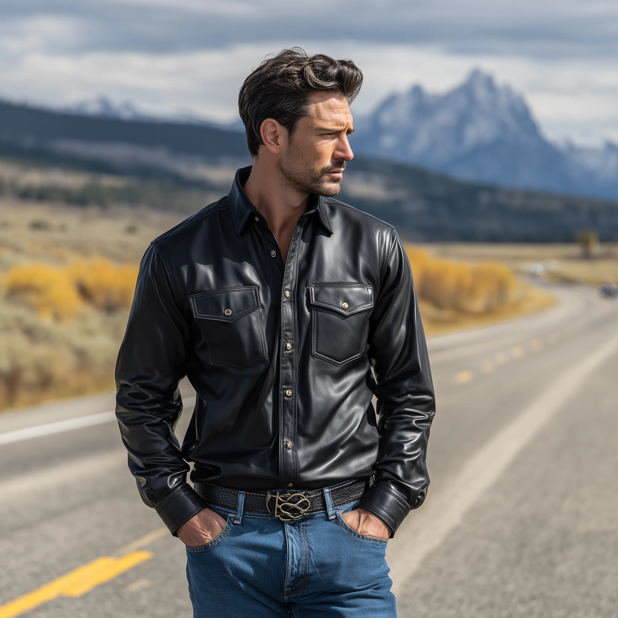 Men's Classic Fashion Casual Pu Leather Lapel Long Sleeve Shirt MTA0252H3K sold by Manly product image thumbnail 3