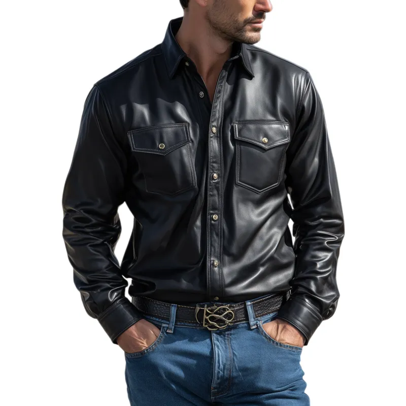 Men's Classic Fashion Casual Pu Leather Lapel Long Sleeve Shirt MTA0252H3K sold by Manly