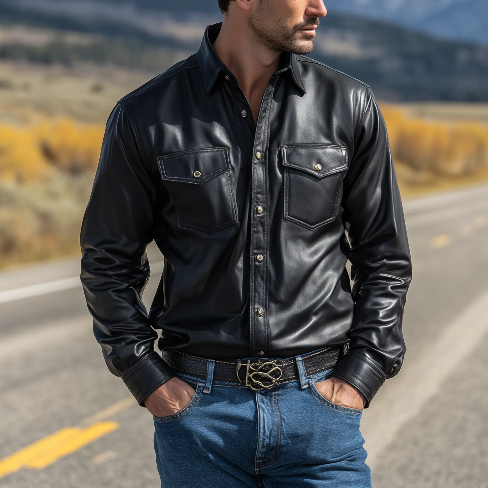 Men's Classic Fashion Casual Pu Leather Lapel Long Sleeve Shirt MTA0252H3K sold by Manly product image thumbnail 2