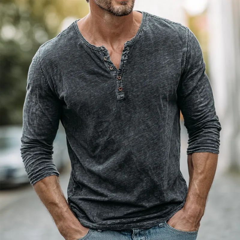 Men's Washed Cotton Henley Collar Long Sleeve T-shirt MTA1217H2Z sold by Manly product image thumbnail 2