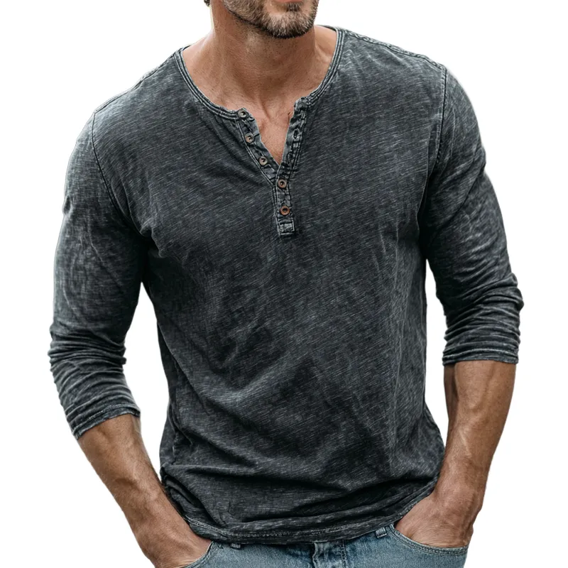 Men's Washed Cotton Henley Collar Long Sleeve T-shirt MTA1217H2Z sold by Manly