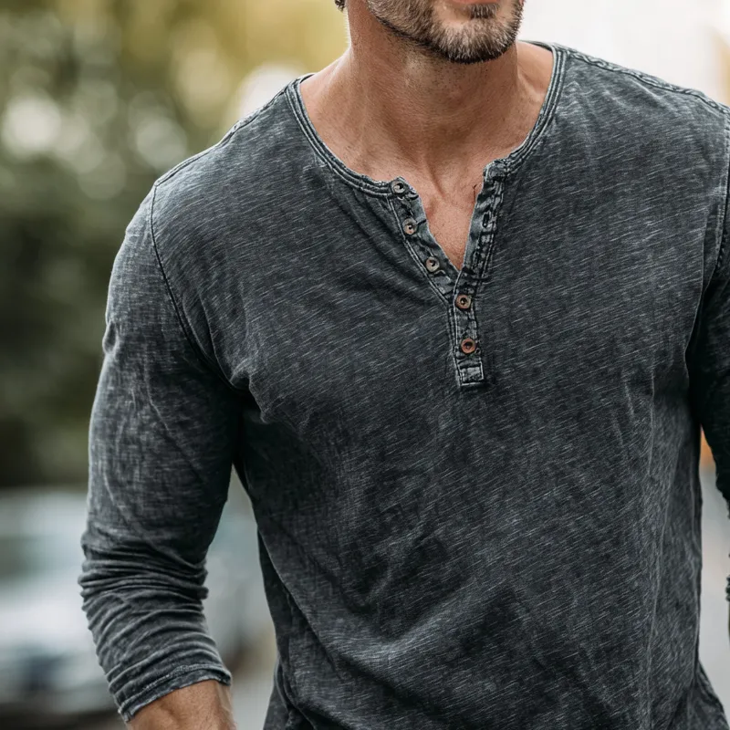 Men's Washed Cotton Henley Collar Long Sleeve T-shirt MTA1217H2Z sold by Manly product image thumbnail 3